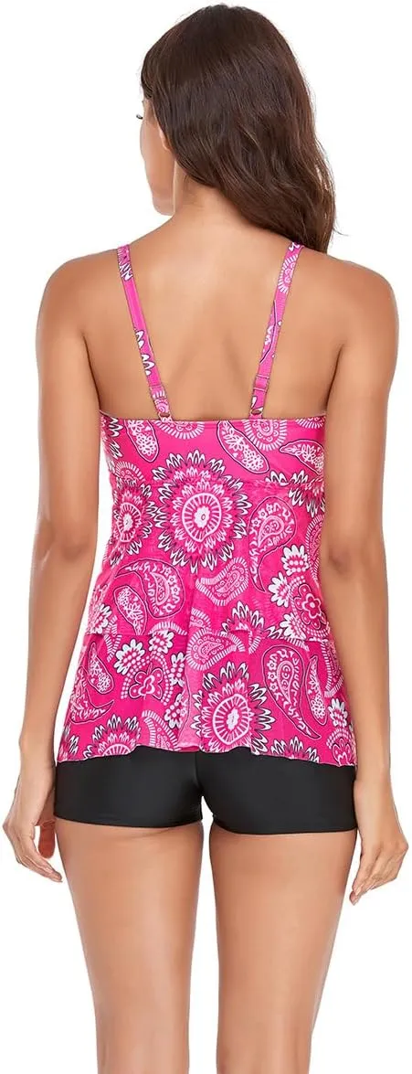 Tankini Swimsuits for Women High Waist Skirt Top and Flat Angle Swimming Trunks Two Piece Sexy Swimsuit