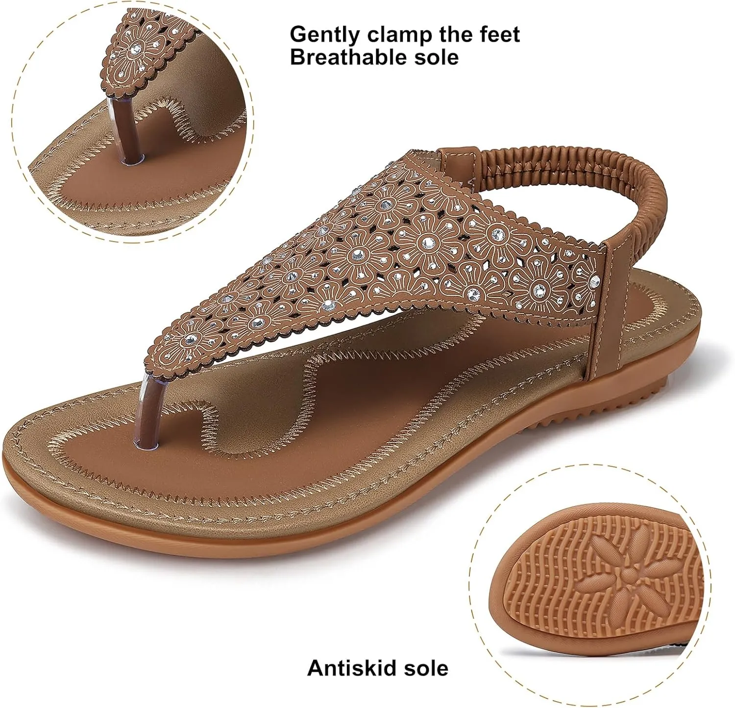 TEMOFON Flats Sandals for Women Dressy: Elastic Ankle Strap Flat - T-Strap Thong Sandal Women - Comfortable Beach Sandals Size 5-10