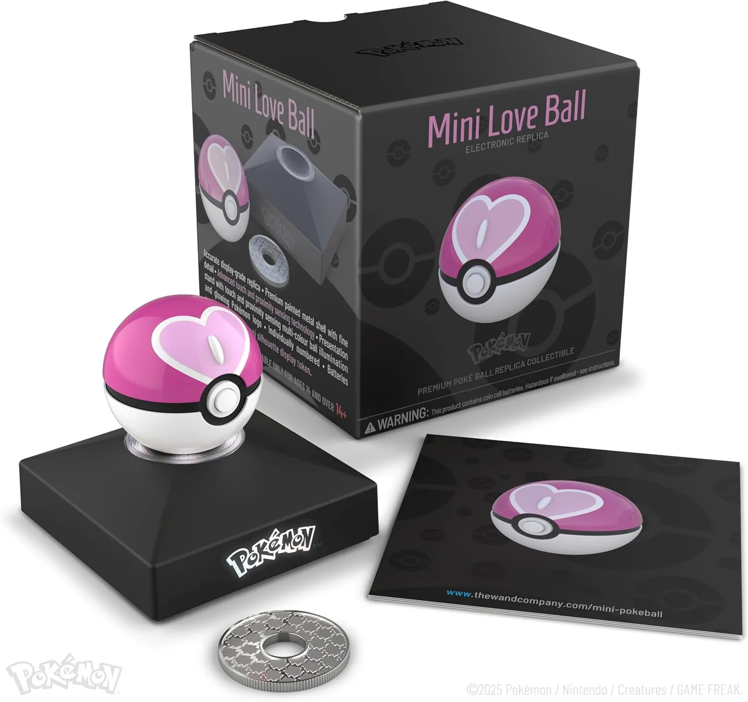 The Wand Company Pokémon Trainer Mini Poké Ball Range of Authentic Replicas - Realistic, Electronic, Die-Cast Poké Ball with Display Stand Light Features (Love Ball)