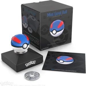 The Wand Company Pokémon Trainer Mini Poké Ball Range of Authentic Replicas - Realistic, Electronic, Die-Cast Poké Ball with Display Stand Light Features (Mini Great Ball)