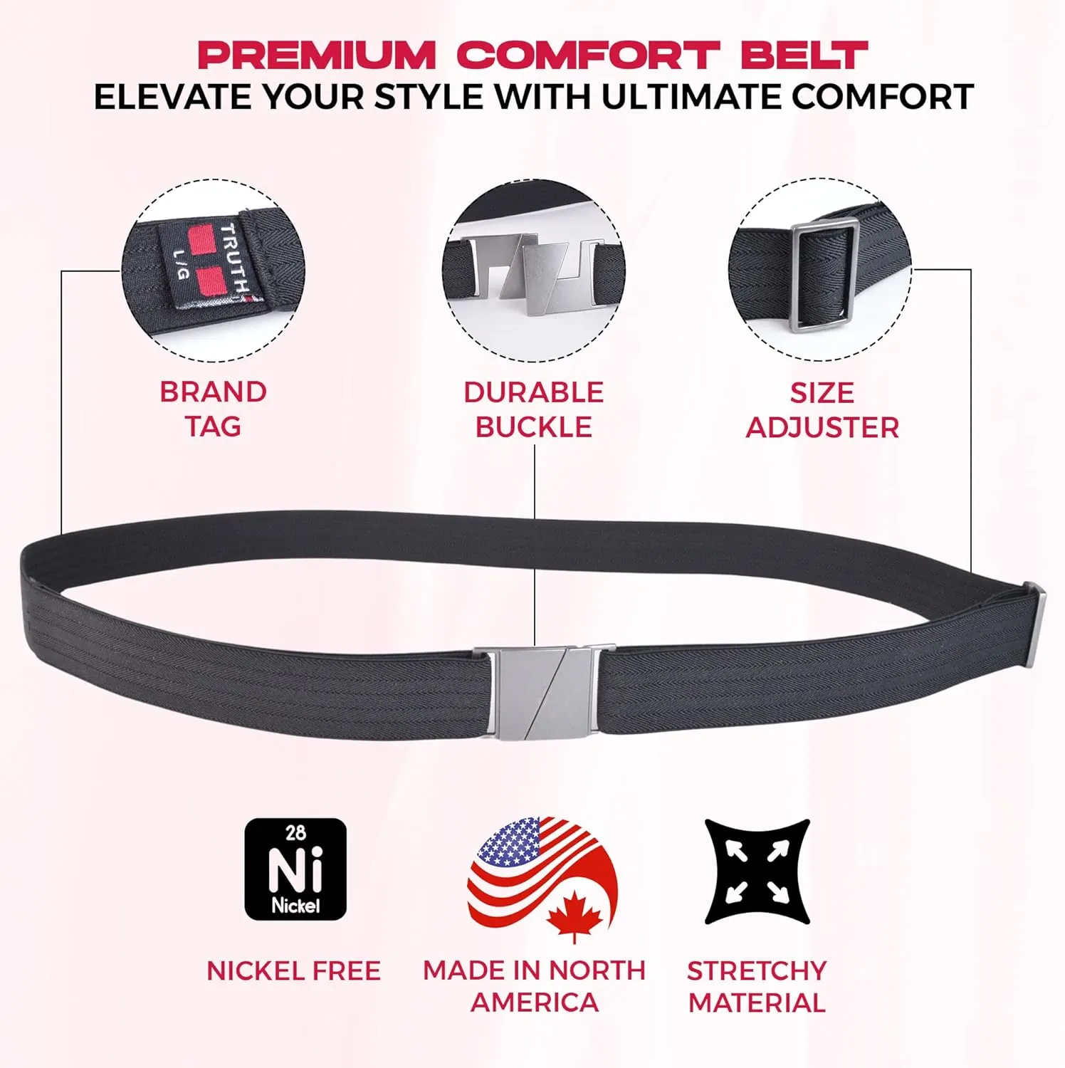 Truth Elastic Belts for Women & Men, No Show Flat Buckle KARMA Belts, Invisible Stretch Belts for Jeans, Pants and Plus Sizes