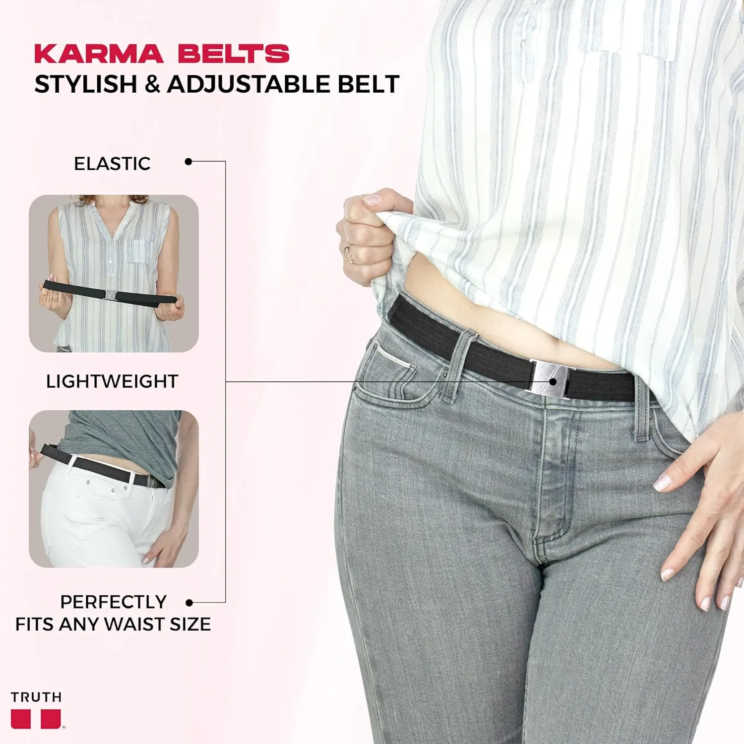 Truth Elastic Belts for Women & Men, No Show Flat Buckle KARMA Belts, Invisible Stretch Belts for Jeans, Pants and Plus Sizes