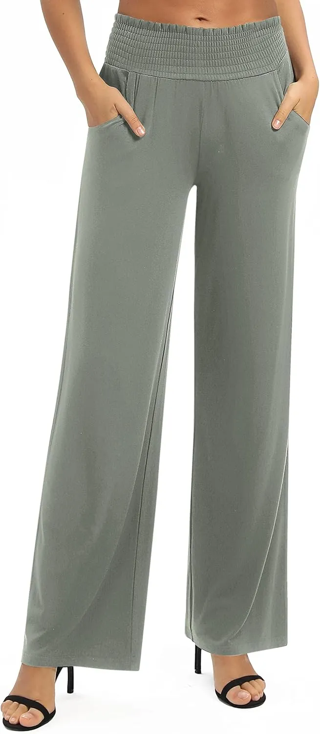 Urban CoCo Womens High Waist Flowy Palazzo Pants Elastic Waist Wide Leg Stretchy Straight Leg Dressy Casual Lounge Trousers