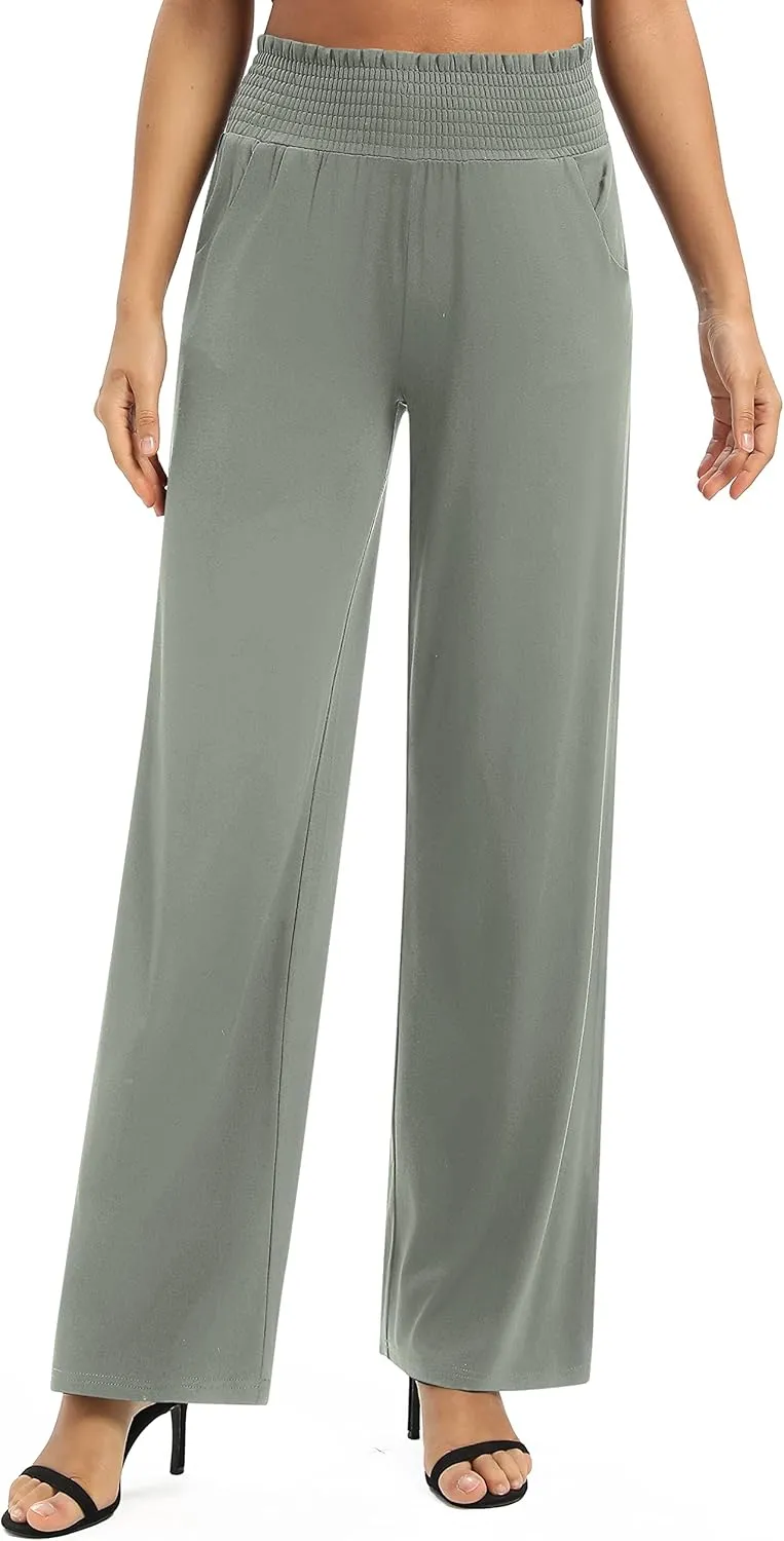 Urban CoCo Womens High Waist Flowy Palazzo Pants Elastic Waist Wide Leg Stretchy Straight Leg Dressy Casual Lounge Trousers