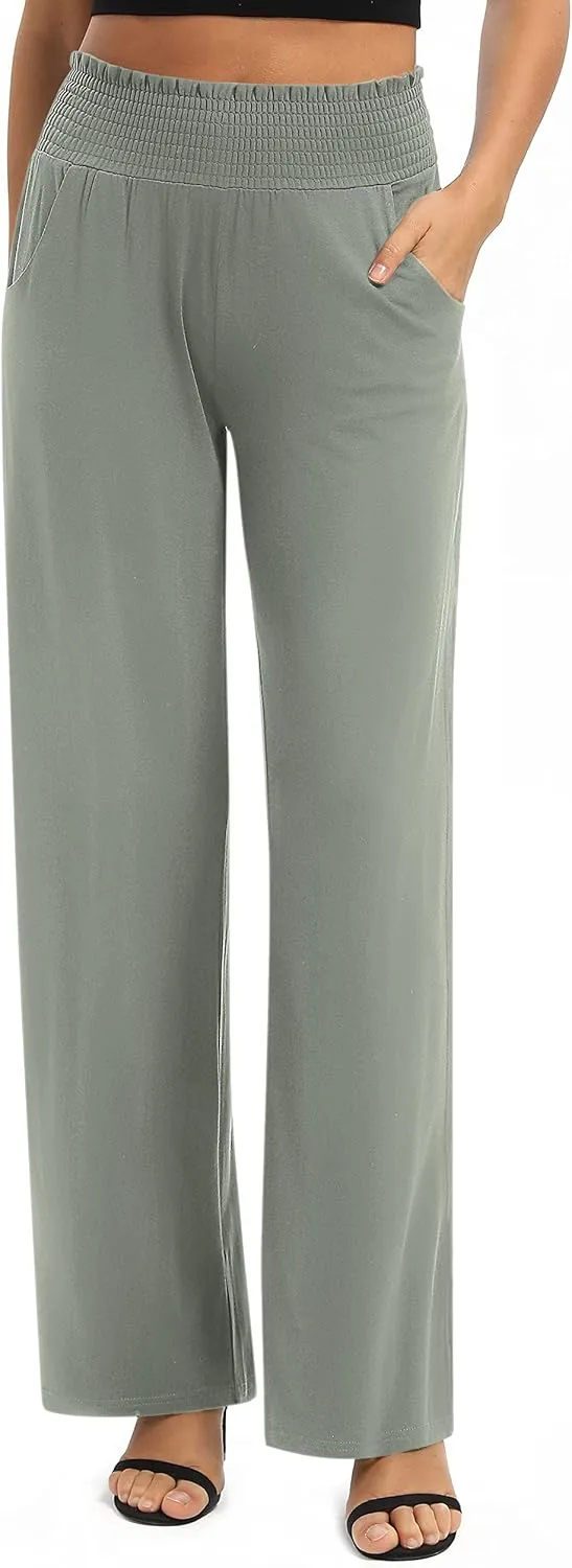 Urban CoCo Womens High Waist Flowy Palazzo Pants Elastic Waist Wide Leg Stretchy Straight Leg Dressy Casual Lounge Trousers