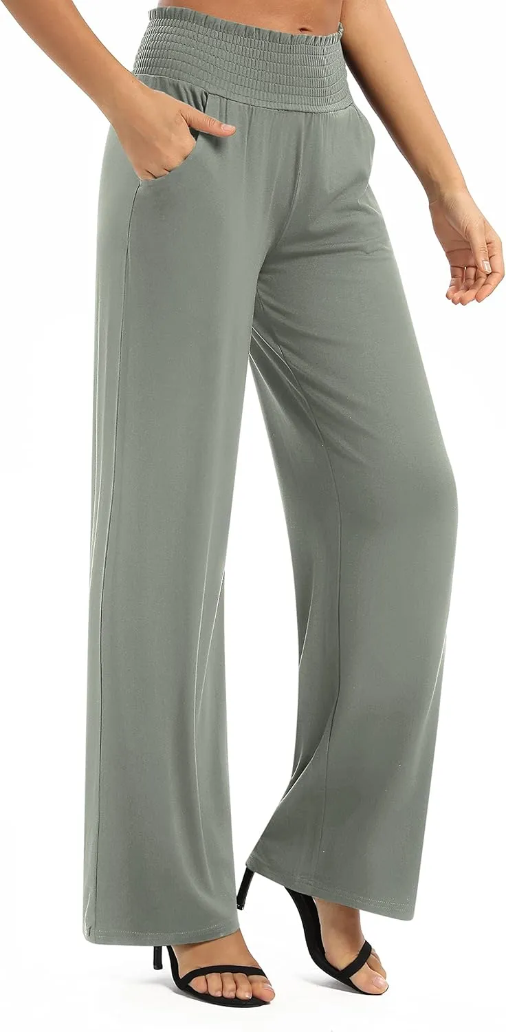 Urban CoCo Womens High Waist Flowy Palazzo Pants Elastic Waist Wide Leg Stretchy Straight Leg Dressy Casual Lounge Trousers