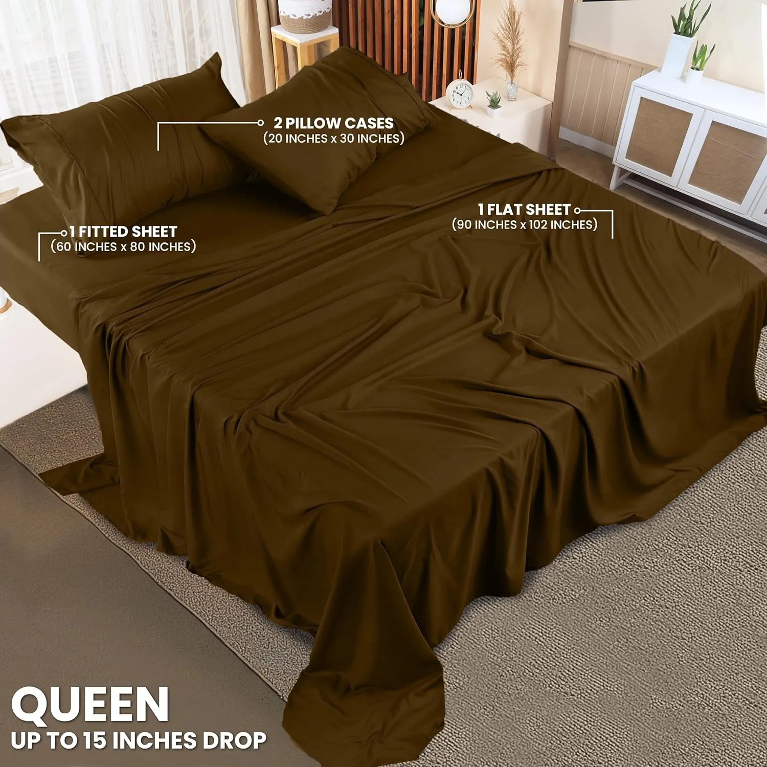 Utopia Bedding Queen Sheet Set – 4 Piece Bed Sheets for Queen Size Bed, Soft and Breathable Microfiber, Includes 1 Fitted Sheet, 1 Flat Sheet and 2 Pillowcases (Brown)