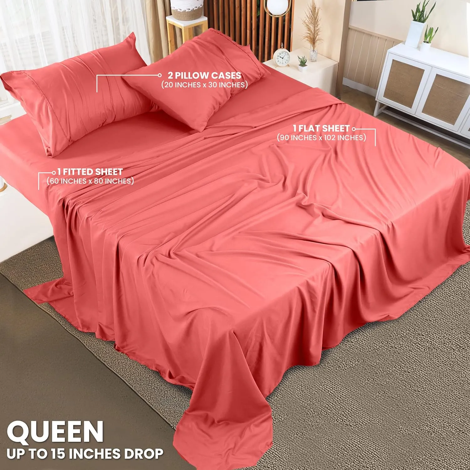 Utopia Bedding Queen Sheet Set – 4 Piece Bed Sheets for Queen Size Bed, Soft and Breathable Microfiber, Includes 1 Fitted Sheet, 1 Flat Sheet and 2 Pillowcases (Coral)
