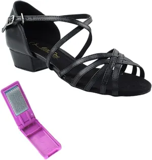 Very Fine Dance Shoes - Ladies Practice, Cuban Low Heel, Waltz, Wedding Dance Shoes - 1670FT - 1-inch Heel and Foldable Brush Bundle - Black PU - 8