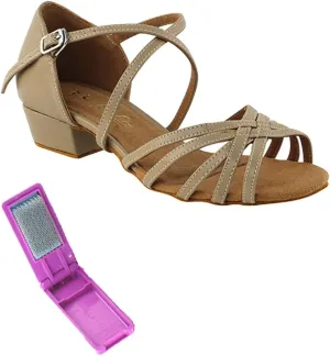 Very Fine Dance Shoes - Ladies Practice, Cuban Low Heel, Waltz, Wedding Dance Shoes - 1670FT - 1-inch Heel and Foldable Brush Bundle - Tan PU - 8