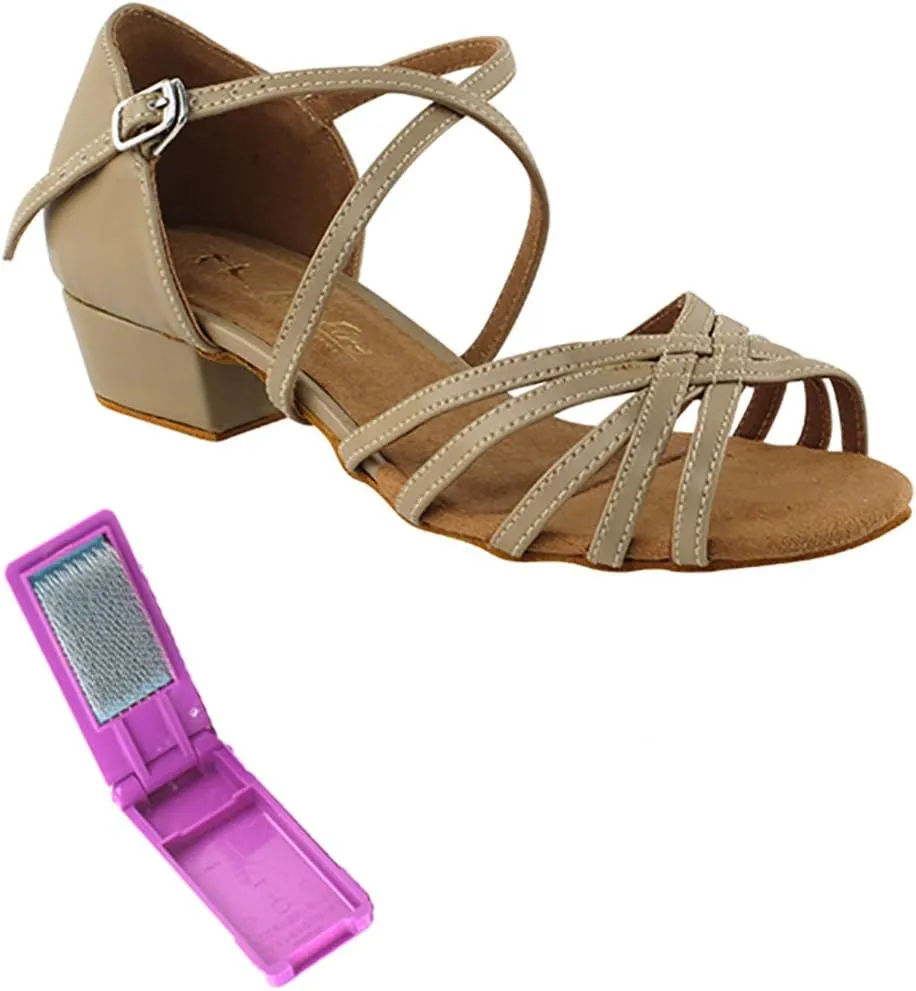 Very Fine Dance Shoes - Ladies Practice, Cuban Low Heel, Waltz, Wedding Dance Shoes - 1670FT - 1-inch Heel and Foldable Brush Bundle - Tan PU - 8