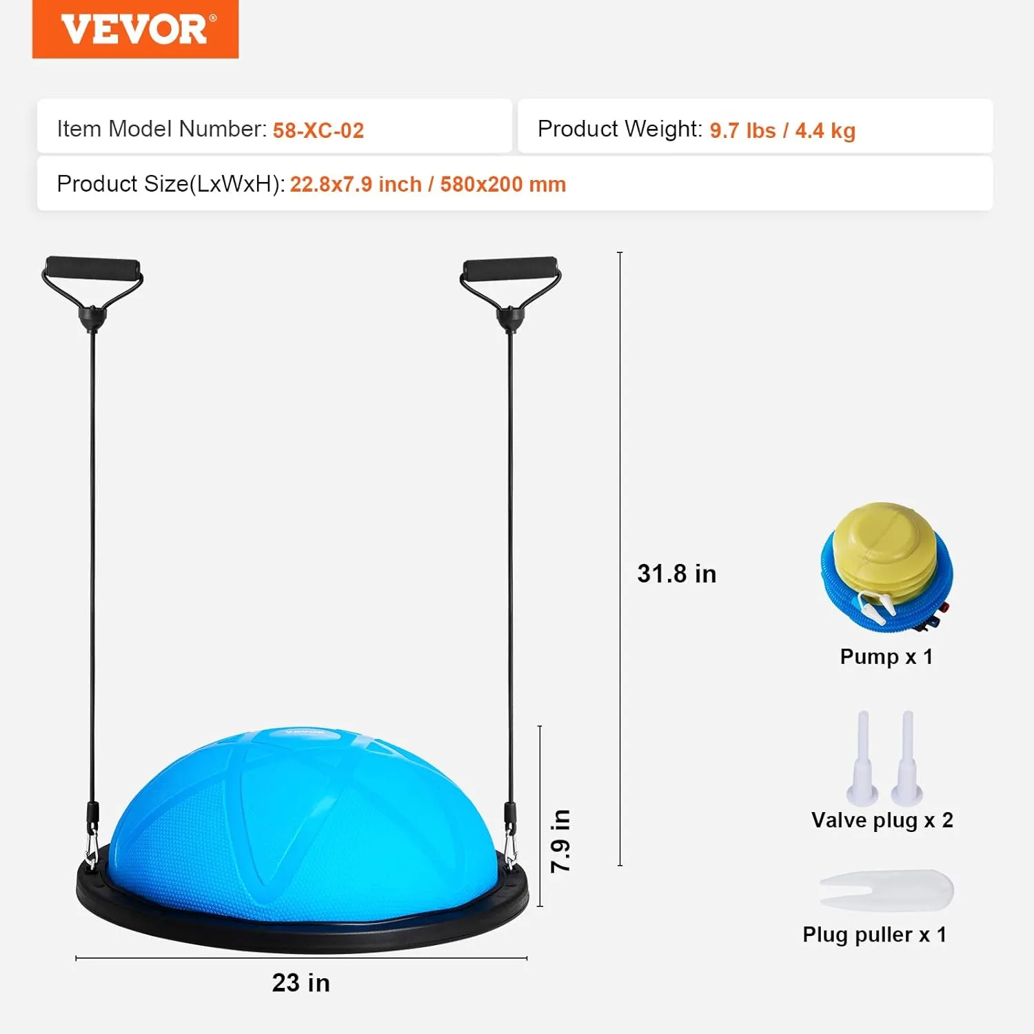 VEVOR Half Exercise Ball Trainer, 23/26 inch Balance Ball Trainer, 1500lbs Capacity Stability Ball, Yoga Ball with Resistance Bands & Foot Pump, Strength Fitness Ball for Home Gym Full Body Workout Black