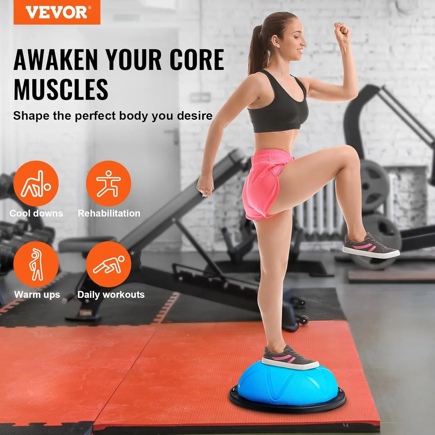 VEVOR Half Exercise Ball Trainer, 23/26 inch Balance Ball Trainer, 1500lbs Capacity Stability Ball, Yoga Ball with Resistance Bands & Foot Pump, Strength Fitness Ball for Home Gym Full Body Workout Black