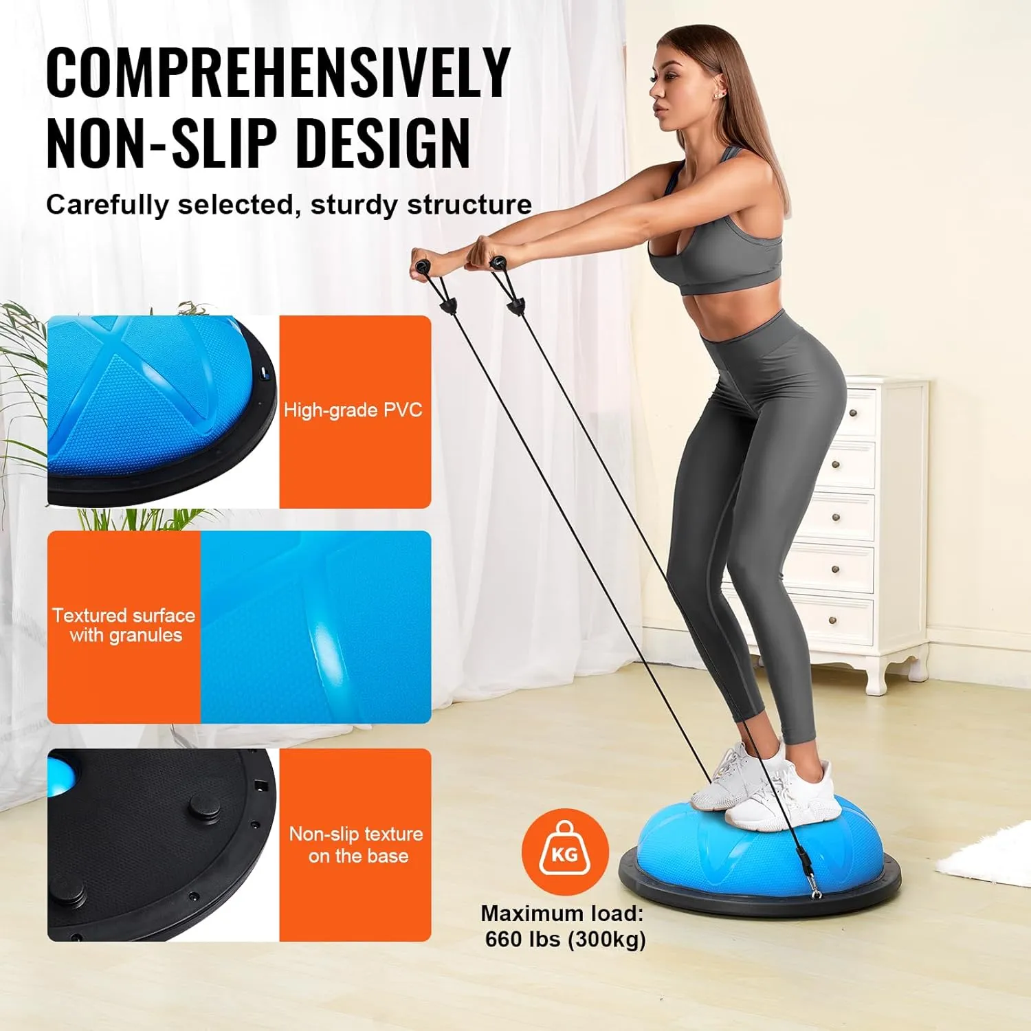 VEVOR Half Exercise Ball Trainer, 23/26 inch Balance Ball Trainer, 1500lbs Capacity Stability Ball, Yoga Ball with Resistance Bands & Foot Pump, Strength Fitness Ball for Home Gym Full Body Workout Black