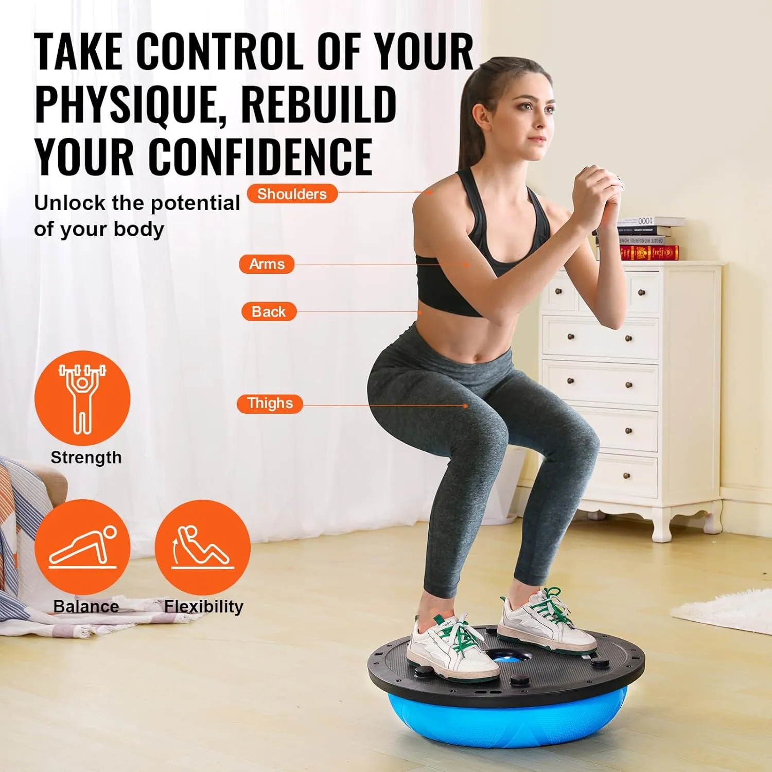 VEVOR Half Exercise Ball Trainer, 23/26 inch Balance Ball Trainer, 1500lbs Capacity Stability Ball, Yoga Ball with Resistance Bands & Foot Pump, Strength Fitness Ball for Home Gym Full Body Workout Black