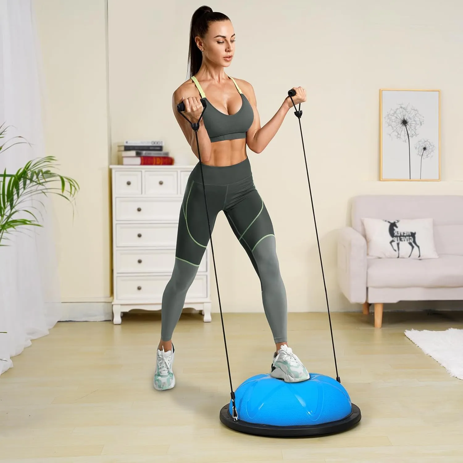 VEVOR Half Exercise Ball Trainer, 23/26 inch Balance Ball Trainer, 1500lbs Capacity Stability Ball, Yoga Ball with Resistance Bands & Foot Pump, Strength Fitness Ball for Home Gym Full Body Workout Black