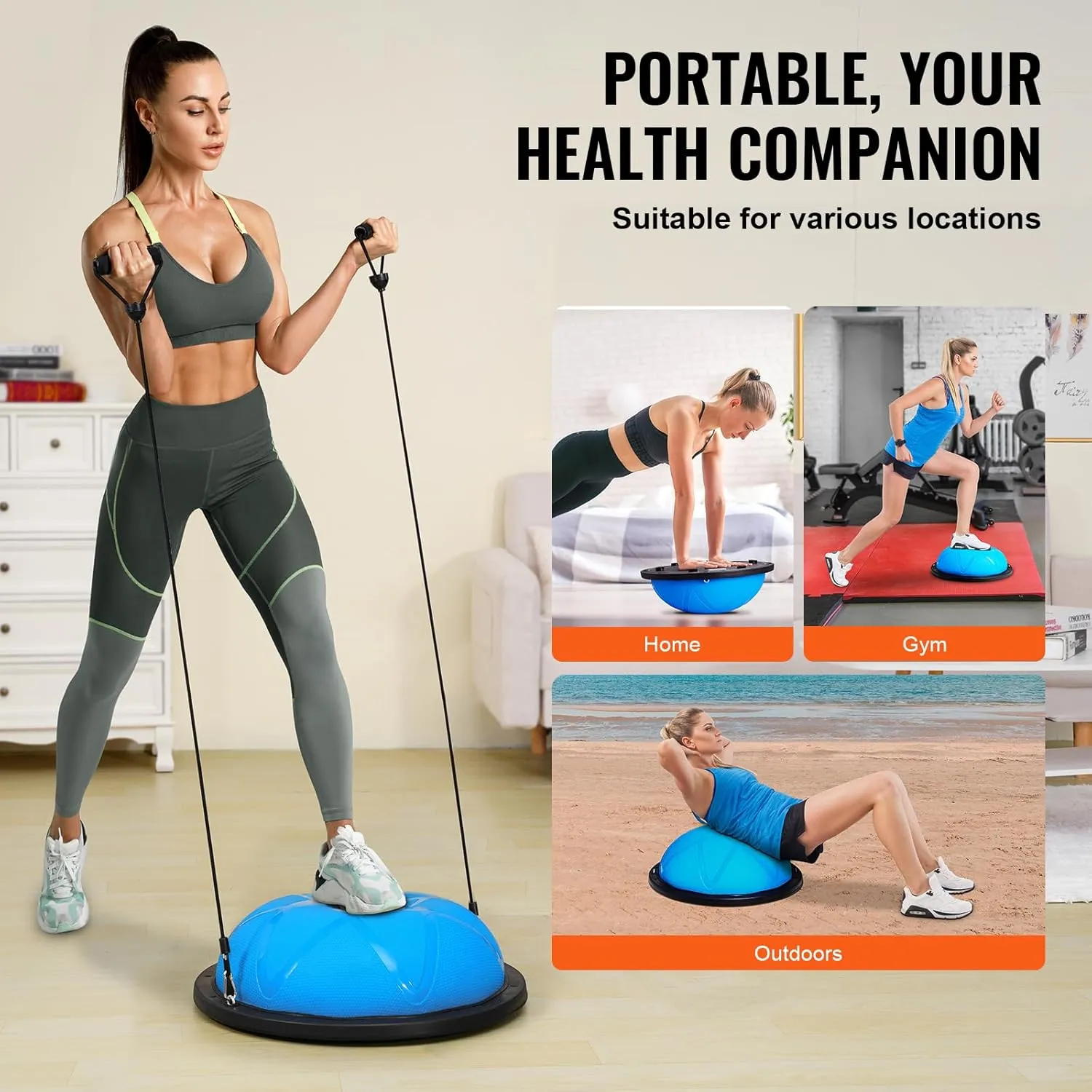 VEVOR Half Exercise Ball Trainer, 23/26 inch Balance Ball Trainer, 1500lbs Capacity Stability Ball, Yoga Ball with Resistance Bands & Foot Pump, Strength Fitness Ball for Home Gym Full Body Workout Black