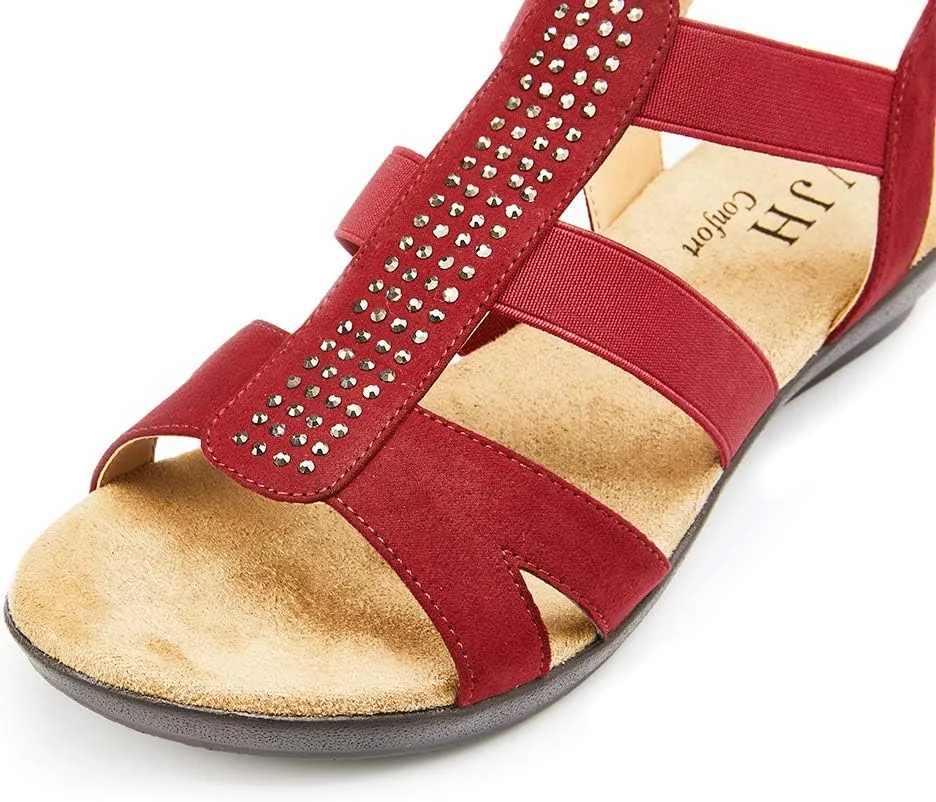 VJH confort Women's Comfort Flat Sandals Summer,with Rhinestone Open Toe Elastic Slip On Slingback Casual Walking Low Heele Sandals
