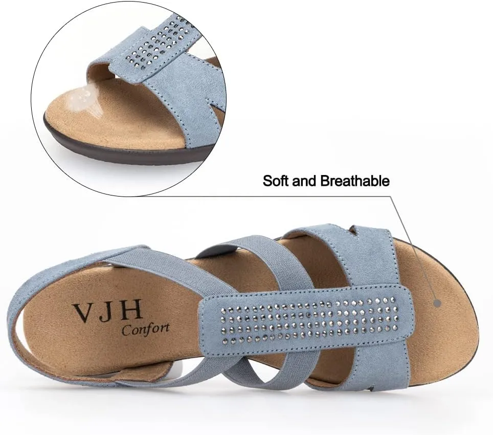 VJH confort Women's Comfort Flat Sandals Summer,with Rhinestone Open Toe Elastic Slip On Slingback Casual Walking Low Heele Sandals