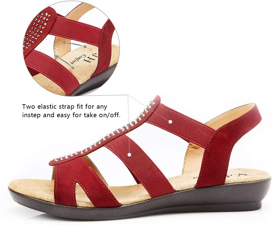 VJH confort Women's Comfort Flat Sandals Summer,with Rhinestone Open Toe Elastic Slip On Slingback Casual Walking Low Heele Sandals