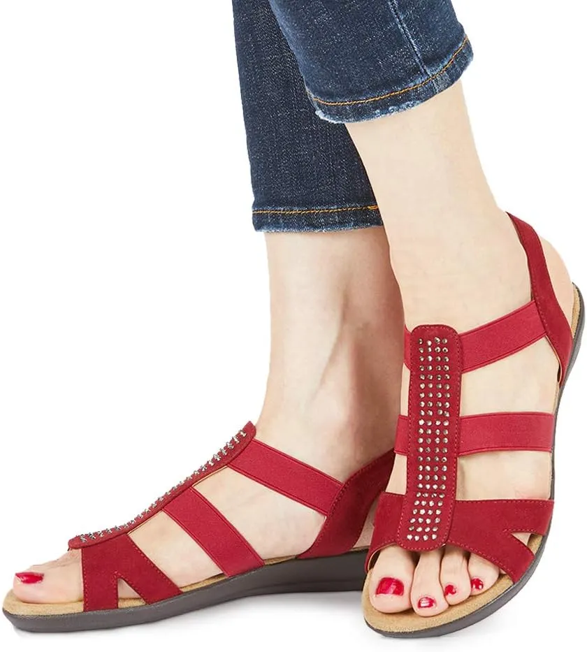VJH confort Women's Comfort Flat Sandals Summer,with Rhinestone Open Toe Elastic Slip On Slingback Casual Walking Low Heele Sandals