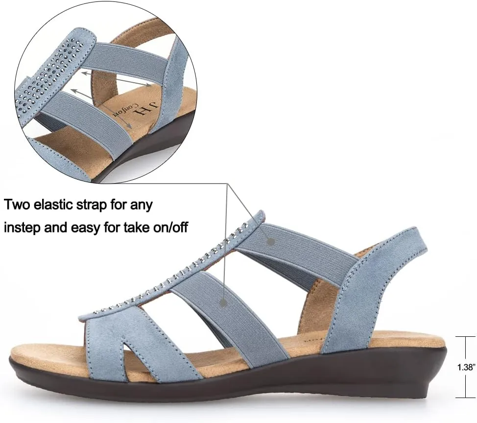 VJH confort Women's Comfort Flat Sandals Summer,with Rhinestone Open Toe Elastic Slip On Slingback Casual Walking Low Heele Sandals
