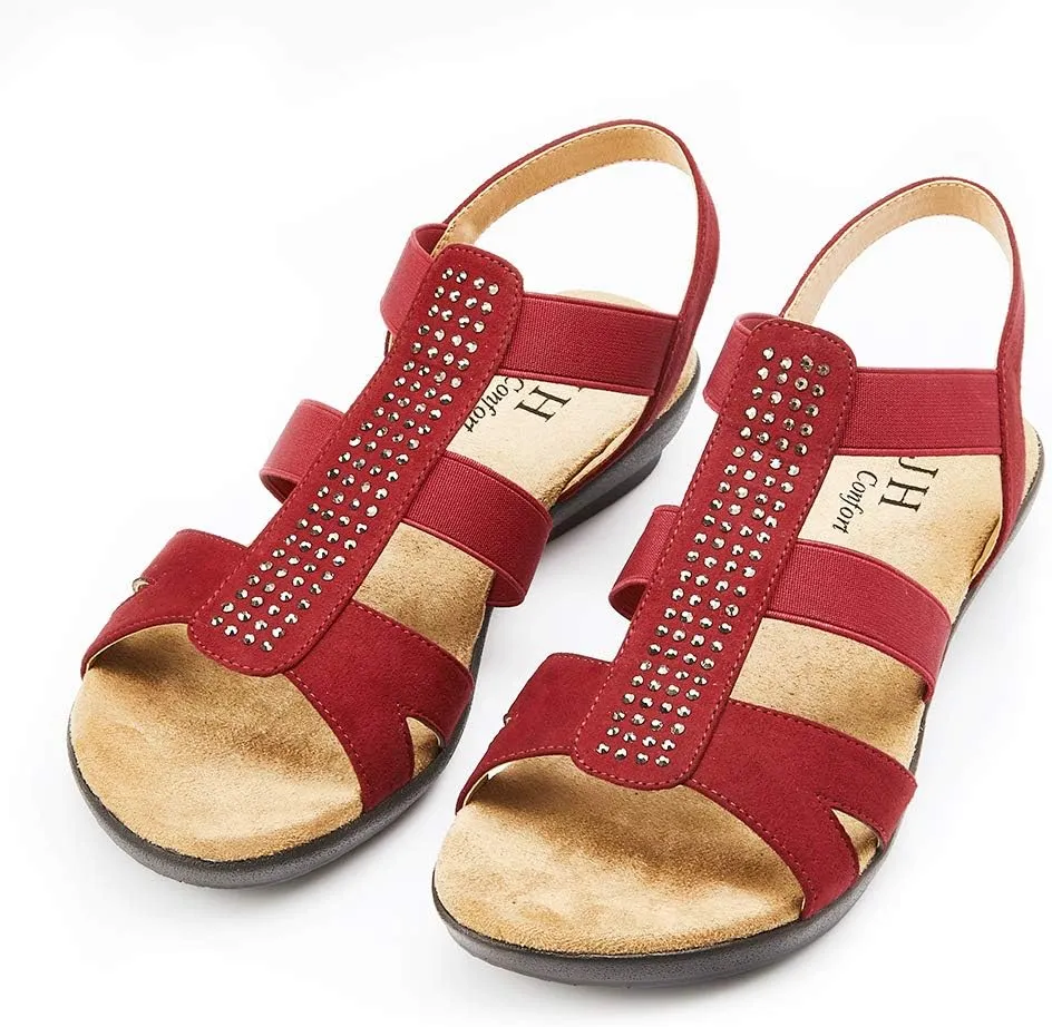 VJH confort Women's Comfort Flat Sandals Summer,with Rhinestone Open Toe Elastic Slip On Slingback Casual Walking Low Heele Sandals