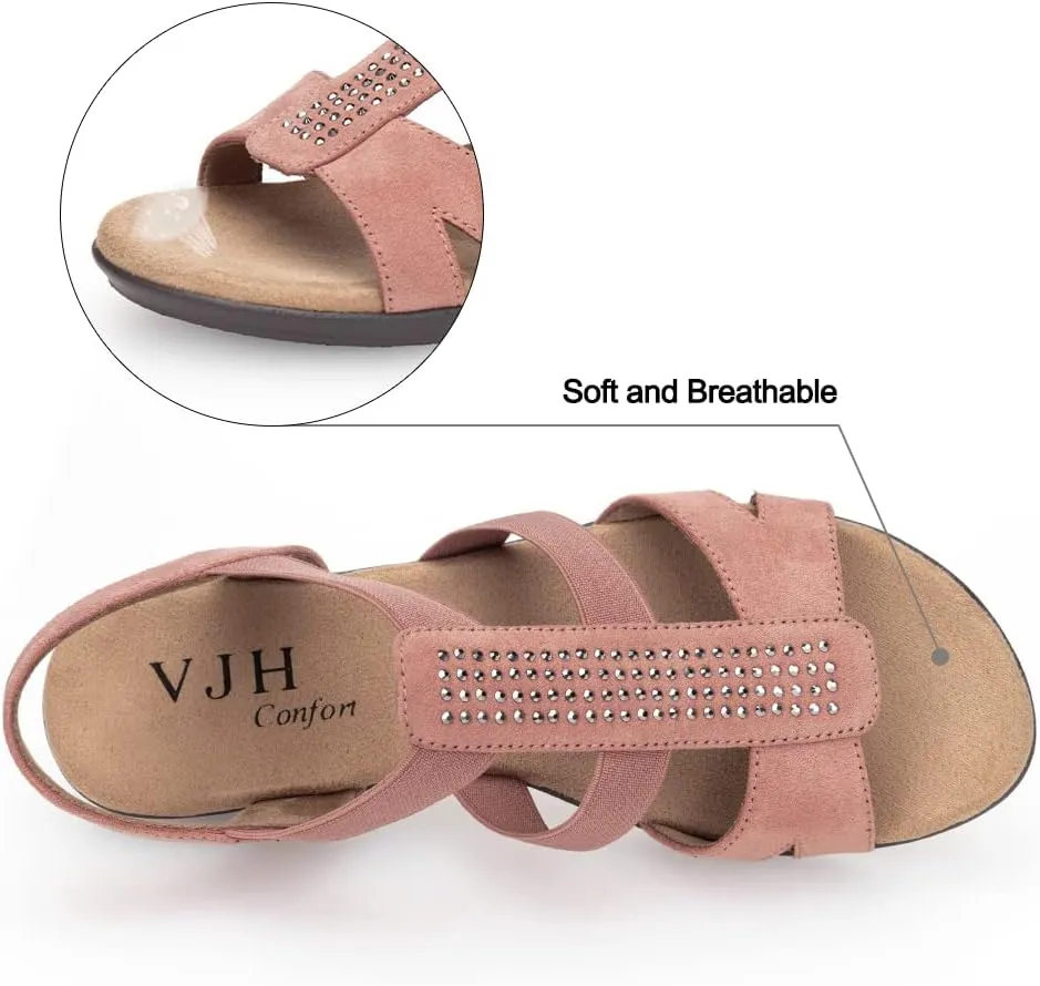 VJH confort Women's Comfort Flat Sandals Summer,with Rhinestone Open Toe Elastic Slip On Slingback Casual Walking Low Heele Sandals