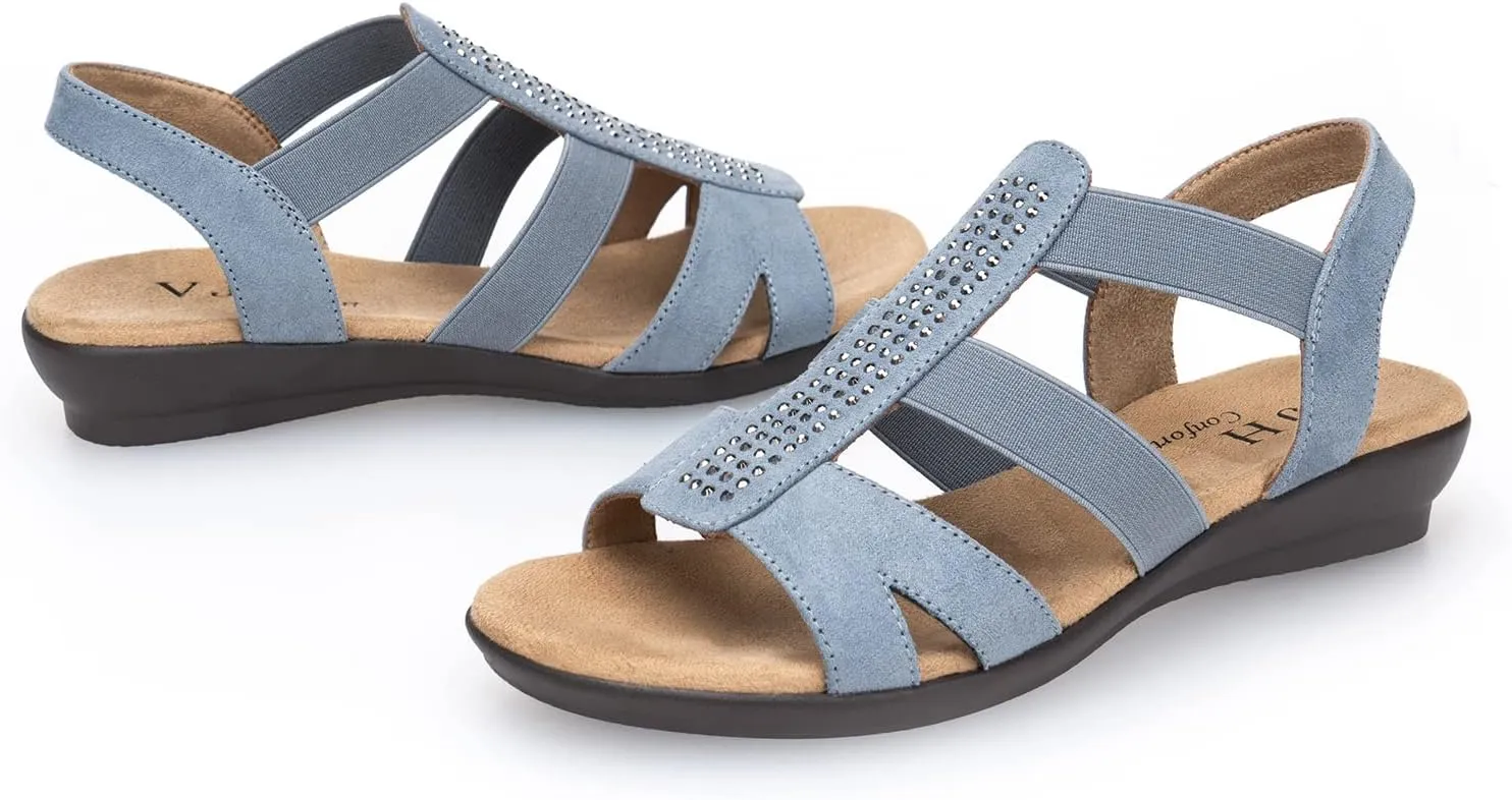 VJH confort Women's Comfort Flat Sandals Summer,with Rhinestone Open Toe Elastic Slip On Slingback Casual Walking Low Heele Sandals