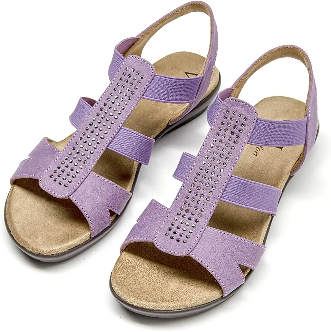 VJH confort Women's Comfort Flat Sandals Summer,with Rhinestone Open Toe Elastic Slip On Slingback Casual Walking Low Heele Sandals
