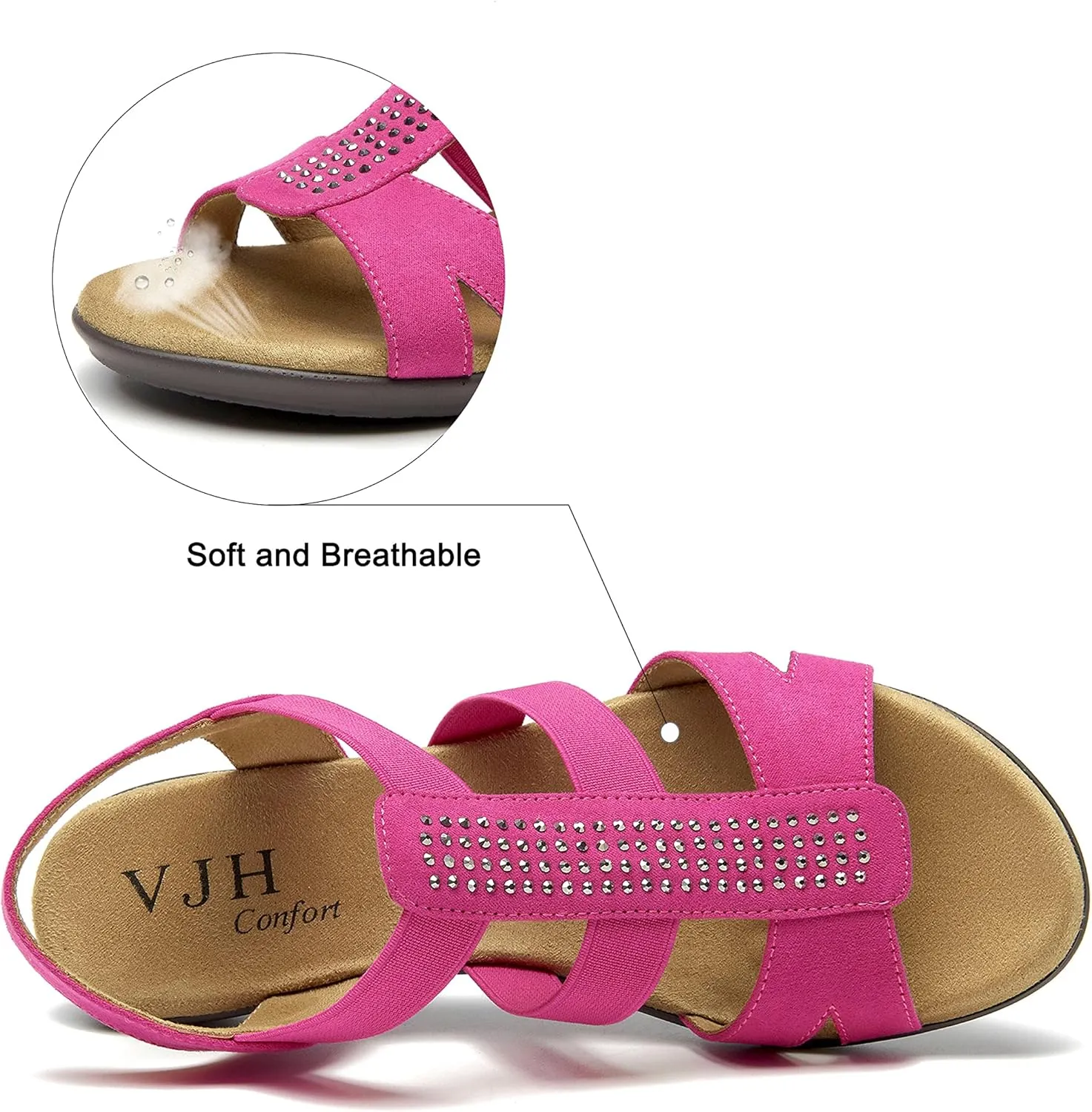 VJH confort Women's Comfort Flat Sandals Summer,with Rhinestone Open Toe Elastic Slip On Slingback Casual Walking Low Heele Sandals