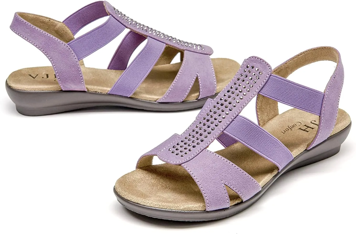 VJH confort Women's Comfort Flat Sandals Summer,with Rhinestone Open Toe Elastic Slip On Slingback Casual Walking Low Heele Sandals