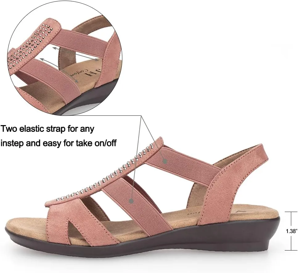VJH confort Women's Comfort Flat Sandals Summer,with Rhinestone Open Toe Elastic Slip On Slingback Casual Walking Low Heele Sandals