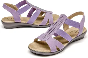 VJH confort Women's Comfort Flat Sandals Summer,with Rhinestone Open Toe Elastic Slip On Slingback Casual Walking Low Heele Sandals