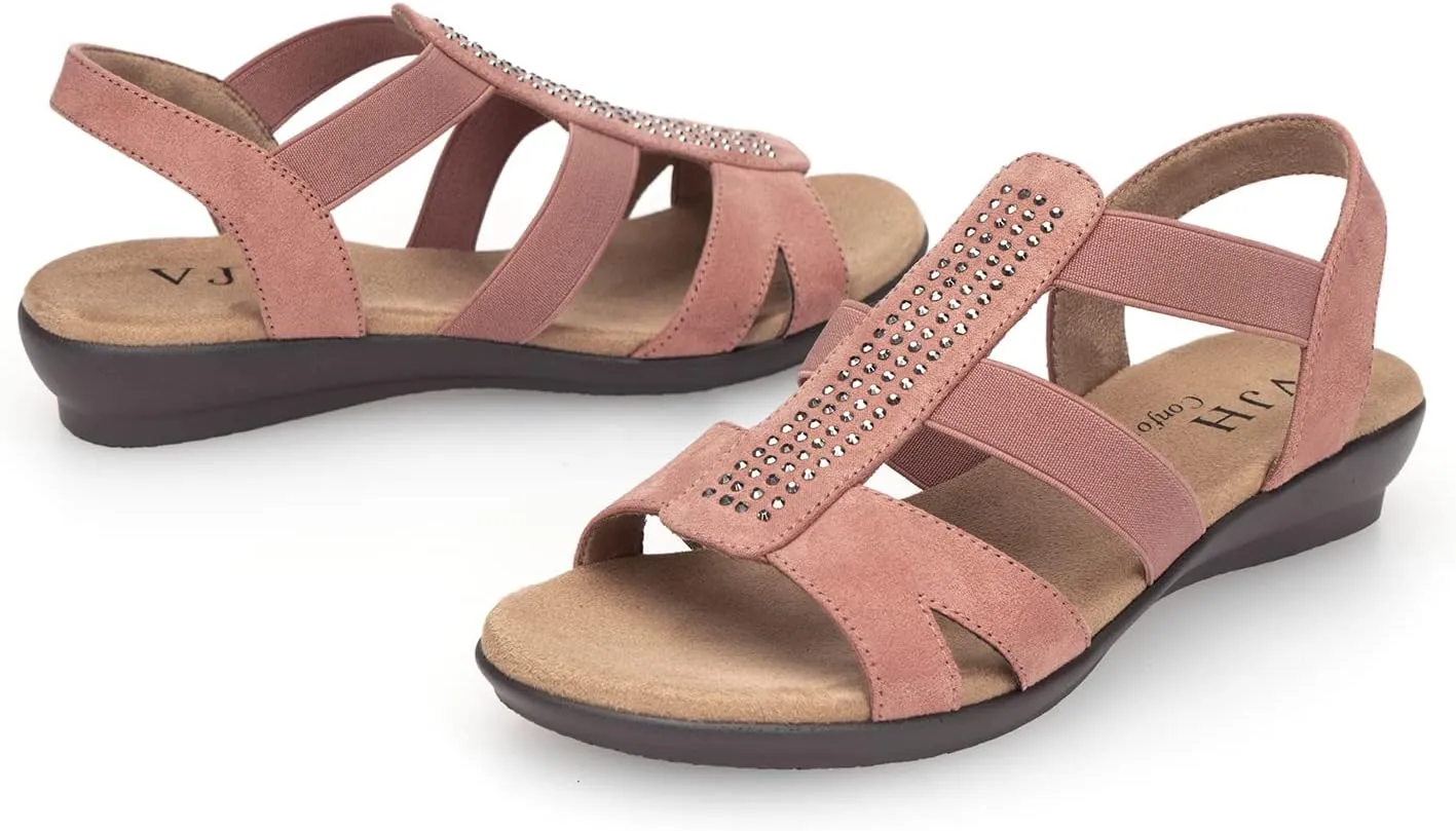 VJH confort Women's Comfort Flat Sandals Summer,with Rhinestone Open Toe Elastic Slip On Slingback Casual Walking Low Heele Sandals