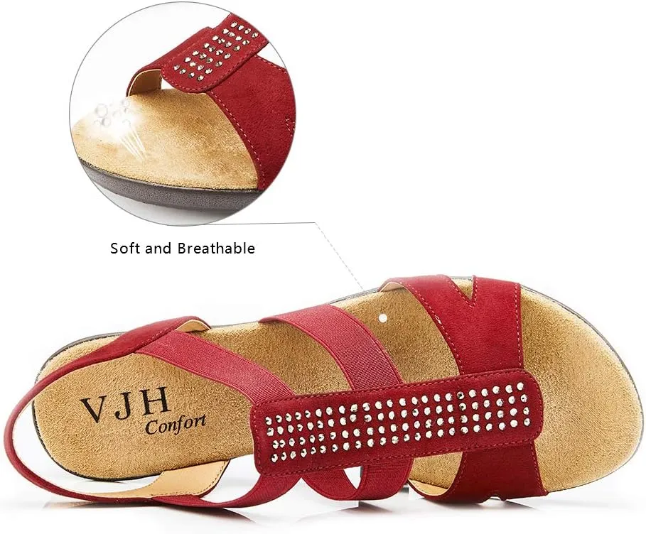 VJH confort Women's Comfort Flat Sandals Summer,with Rhinestone Open Toe Elastic Slip On Slingback Casual Walking Low Heele Sandals