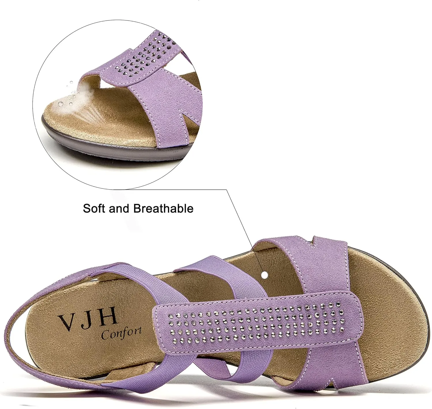 VJH confort Women's Comfort Flat Sandals Summer,with Rhinestone Open Toe Elastic Slip On Slingback Casual Walking Low Heele Sandals