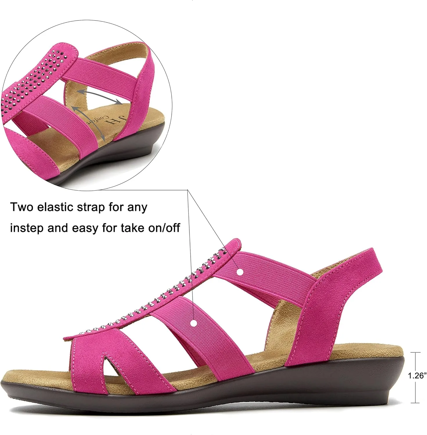 VJH confort Women's Comfort Flat Sandals Summer,with Rhinestone Open Toe Elastic Slip On Slingback Casual Walking Low Heele Sandals