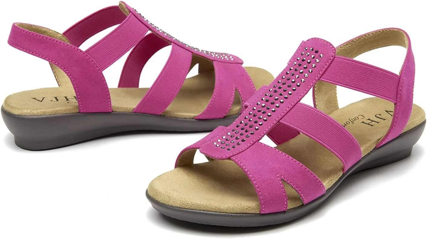 VJH confort Women's Comfort Flat Sandals Summer,with Rhinestone Open Toe Elastic Slip On Slingback Casual Walking Low Heele Sandals