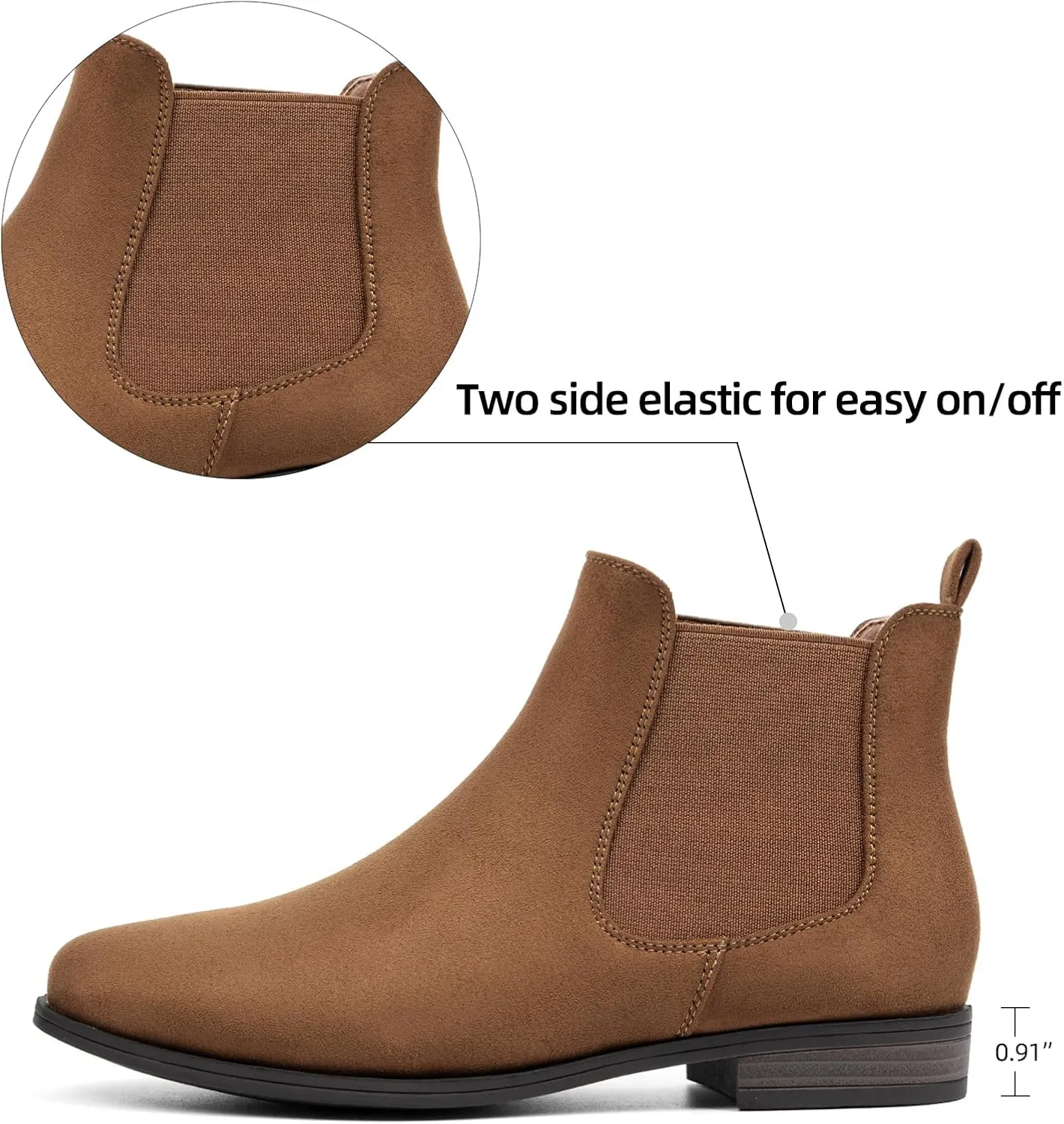 VJH confort Women's Slip on Ankle Boot, Western Almond Round Toe Low Heel Elastic Chelsea Bootie