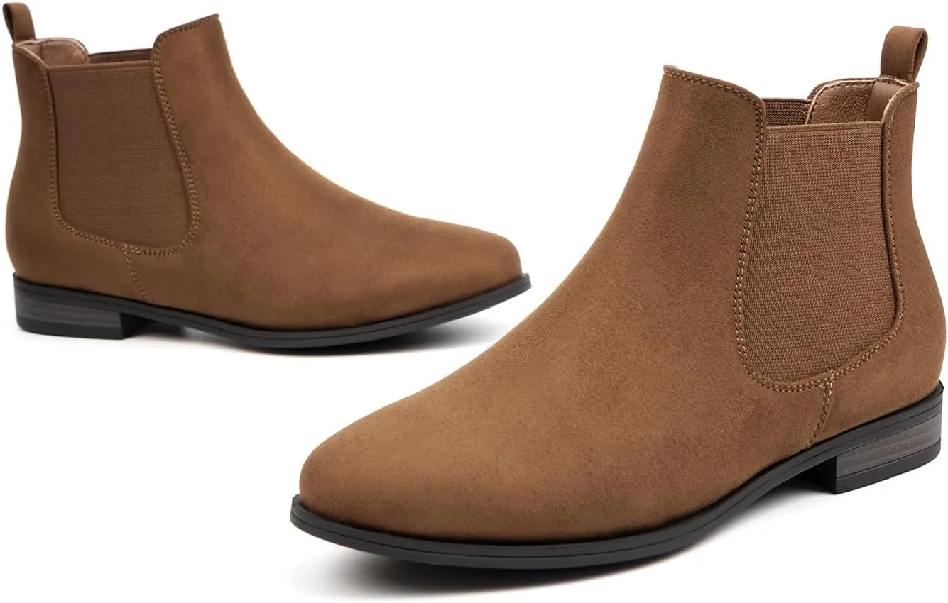 VJH confort Women's Slip on Ankle Boot, Western Almond Round Toe Low Heel Elastic Chelsea Bootie