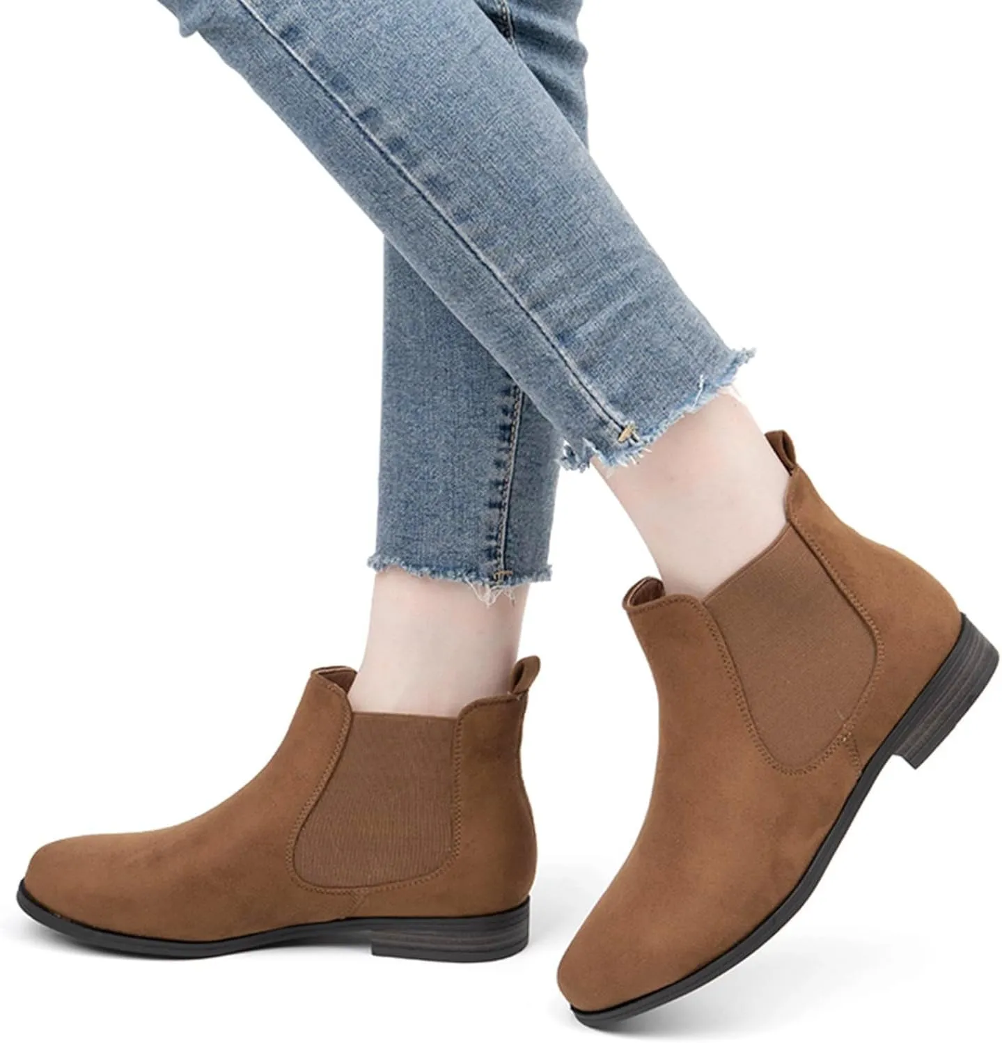 VJH confort Women's Slip on Ankle Boot, Western Almond Round Toe Low Heel Elastic Chelsea Bootie