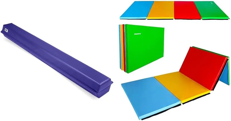 We Sell Mats 9 ft Folding Foam Balance Beam Bar and Signature Fitness Folding Exercise Mats, Gymnastics Equipment for Gymnast