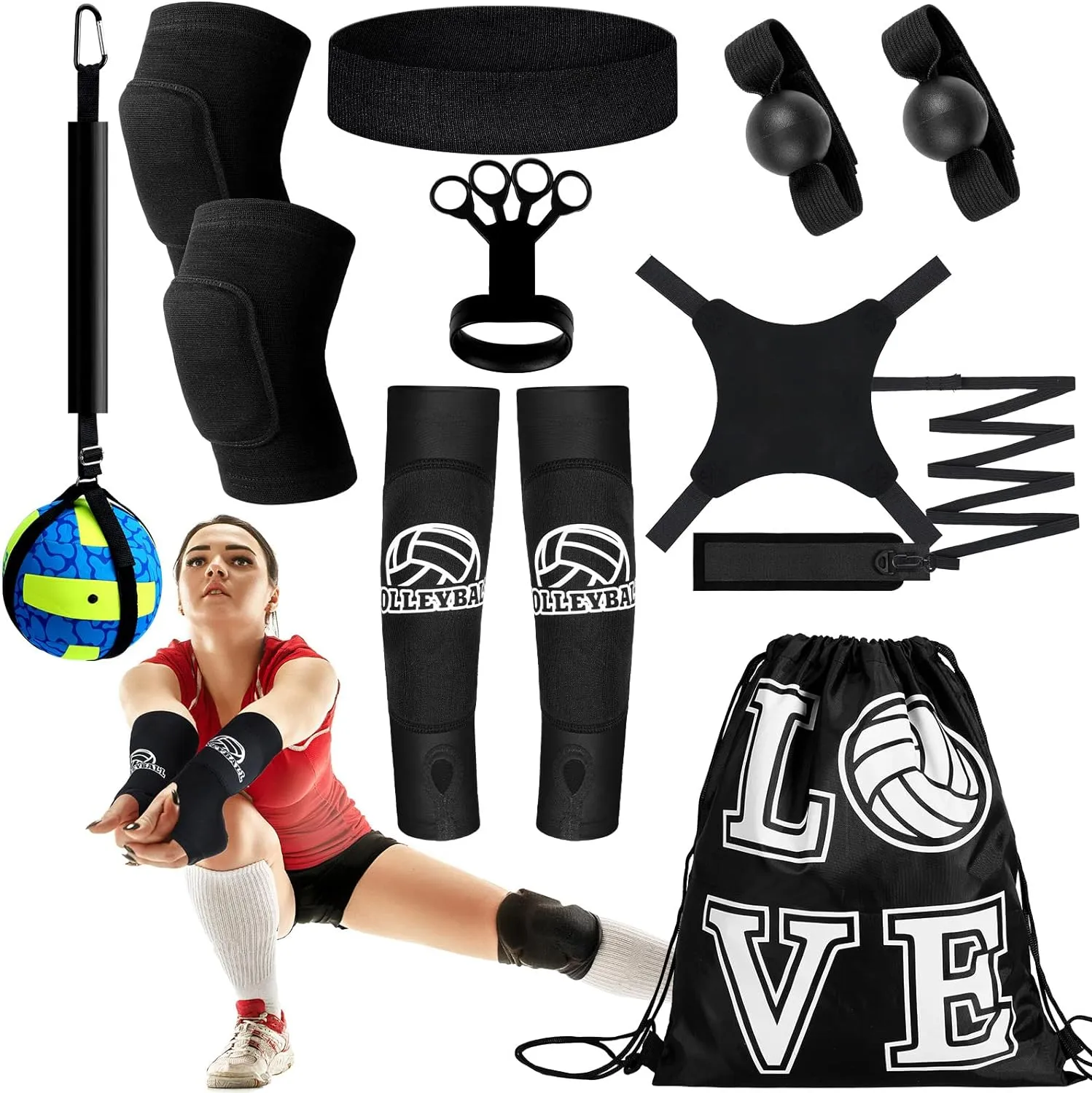 Wettarn 8 Set Volleyball Training Equipment Aid Solo Volleyball Trainer Kit, Include Elastic Resistance Belt Set Spike Trainer Hand Straps Arm Sleeves Knee Pads Backpack Headband