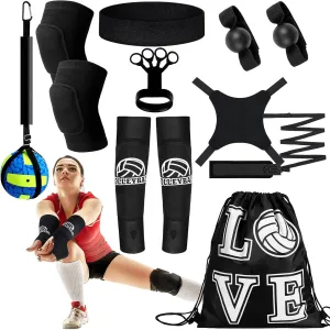 Wettarn 8 Set Volleyball Training Equipment Aid Solo Volleyball Trainer Kit, Include Elastic Resistance Belt Set Spike Trainer Hand Straps Arm Sleeves Knee Pads Backpack Headband
