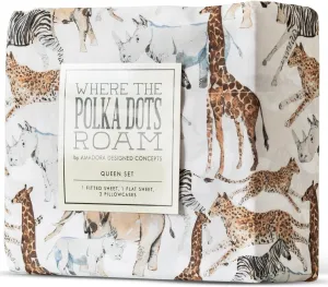 Where The Polka Dots Roam Safari Animals Full Bedsheet Set for Kids - Jungle Adventure Bedding for Explorers, Includes Fitted Sheet, Flat Sheet and Pillowcases - Wildlife Wonders Decor for Boys Room