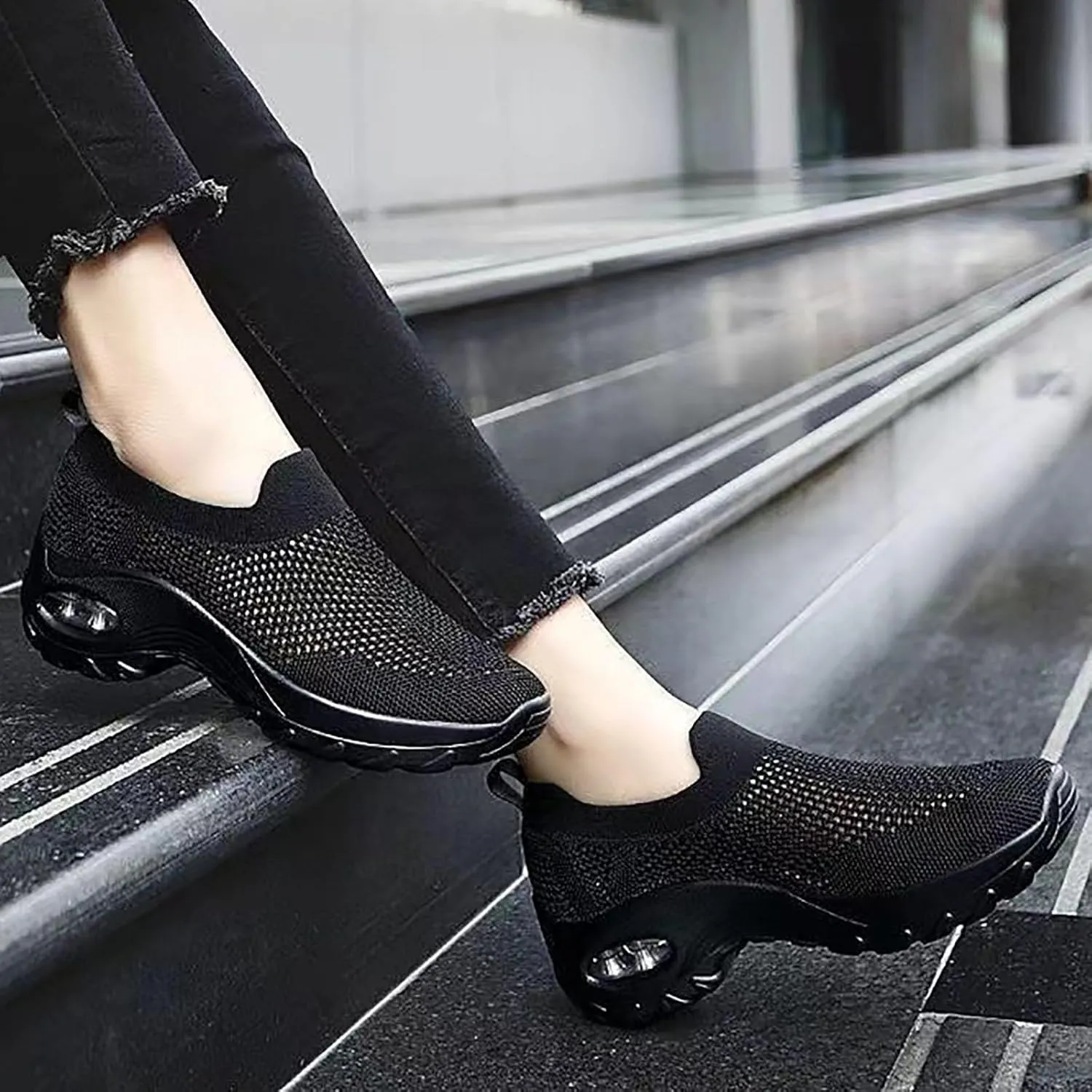 Women Mesh Breathable Wedges Sneaker Walking Round Toe Ladies Casual Shoes Sneaker Women Shoes Mesh Fashion Running Sneaker (Black, 8.5)