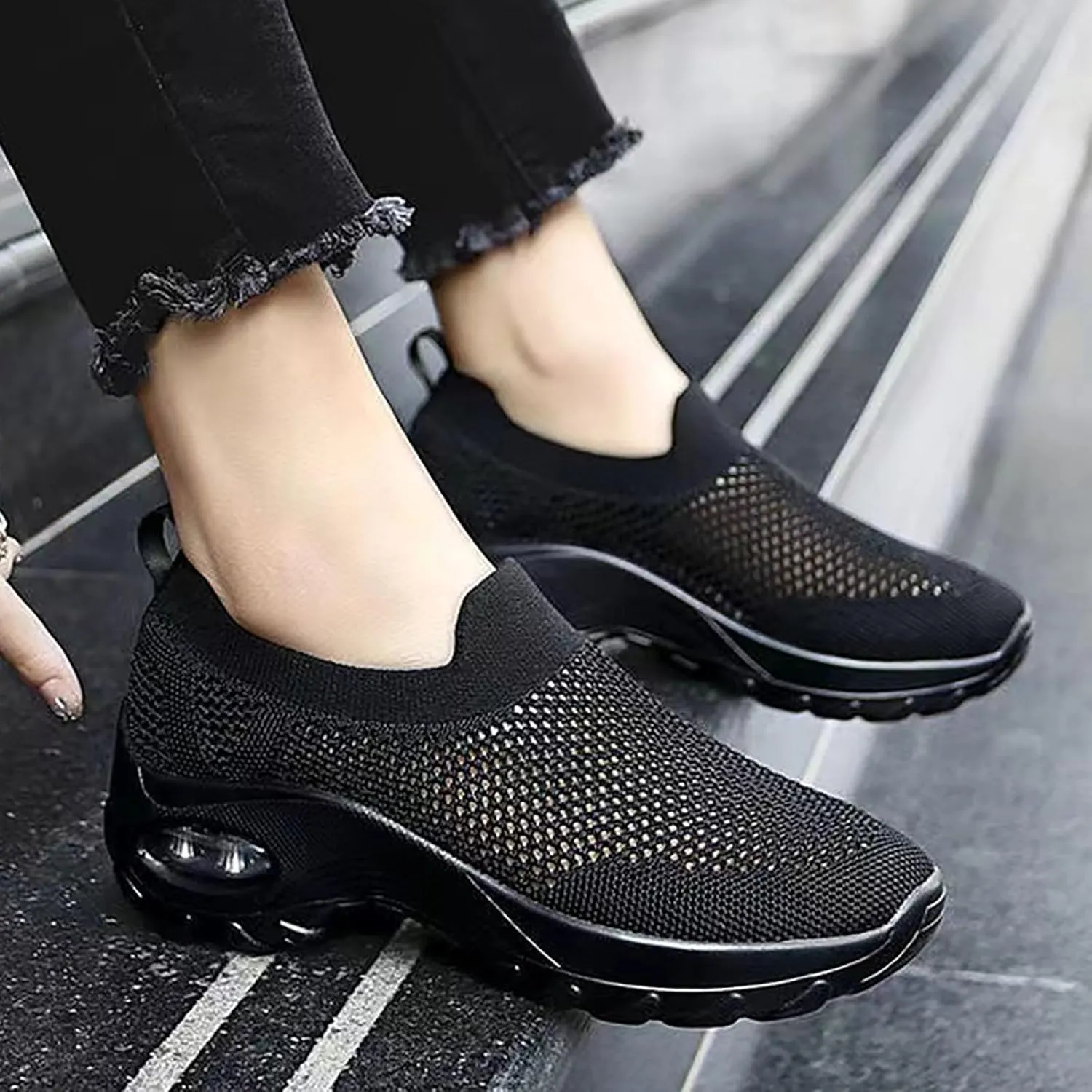 Women Mesh Breathable Wedges Sneaker Walking Round Toe Ladies Casual Shoes Sneaker Women Shoes Mesh Fashion Running Sneaker (Black, 8.5)