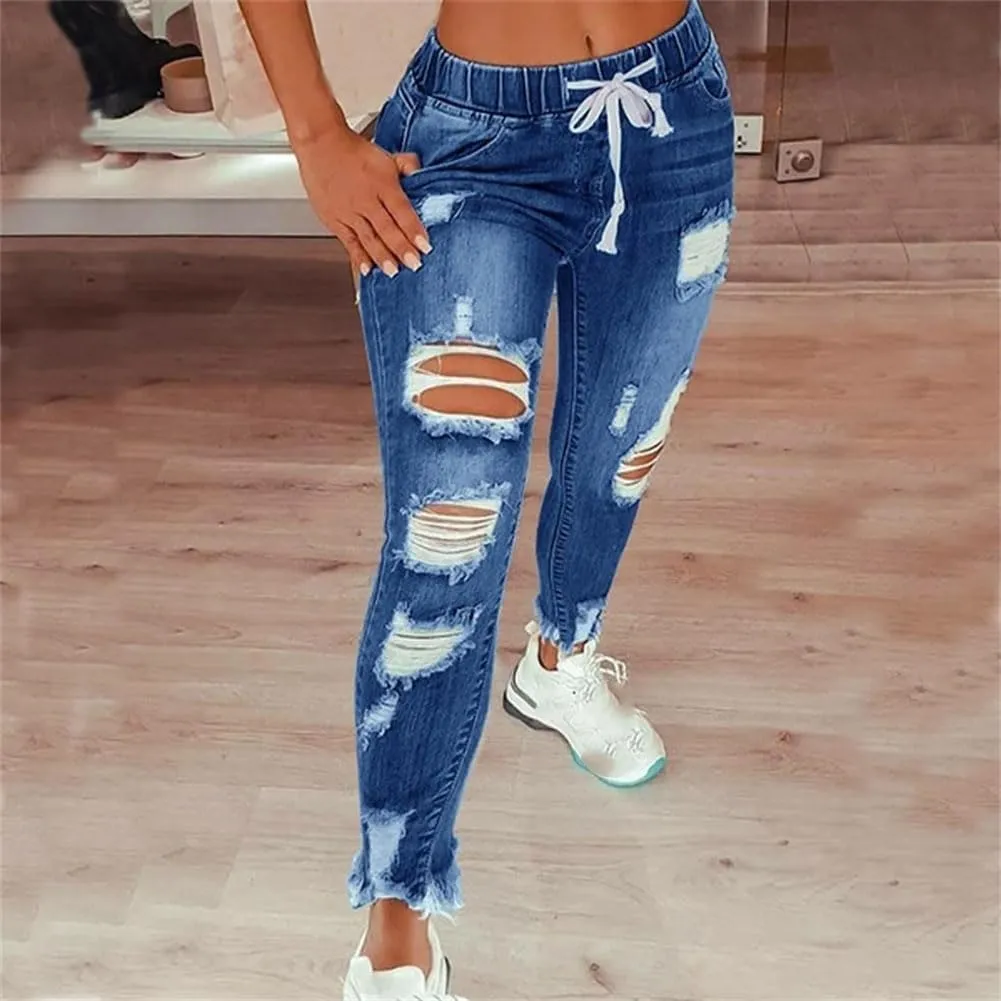 Women Vintage Ripped Elastic Waist Skinny Drawstring Pencil Denim Jeans