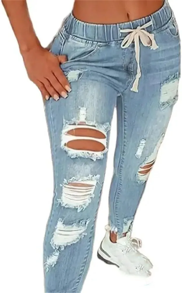 Women Vintage Ripped Elastic Waist Skinny Drawstring Pencil Denim Jeans